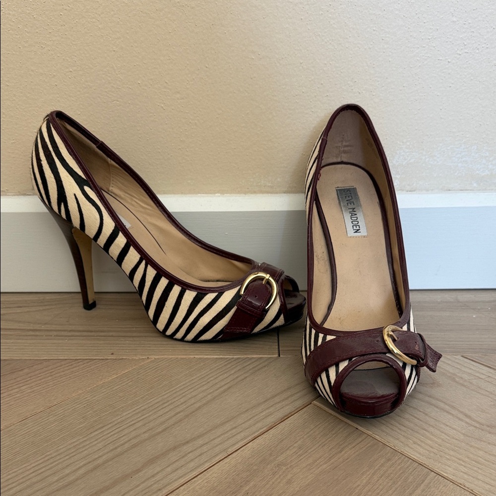 Steve Madden Zebra Print Peep Toe Heels - Brown and Cream with burgundy trim
